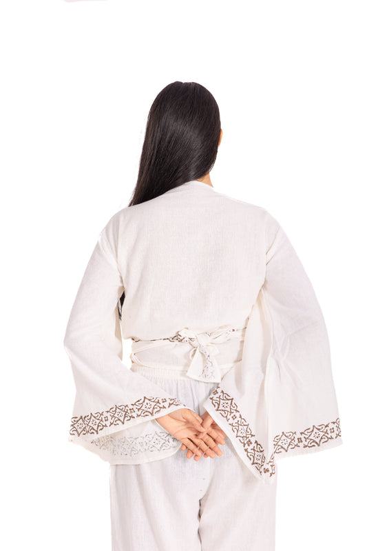 White Block Print Wrap Top: Bell Sleeves with Brown Floral Border