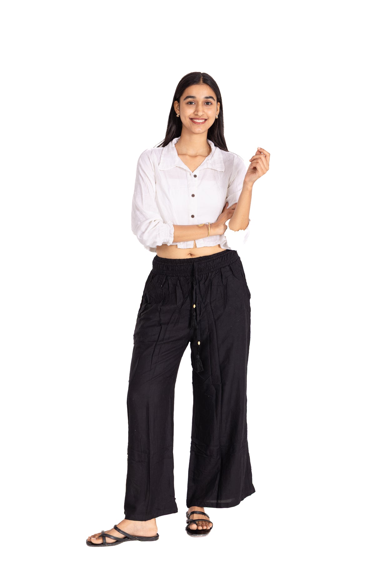 Black Smocked Waist Palazzo Pants: Wide-Leg with Tassel Drawstring