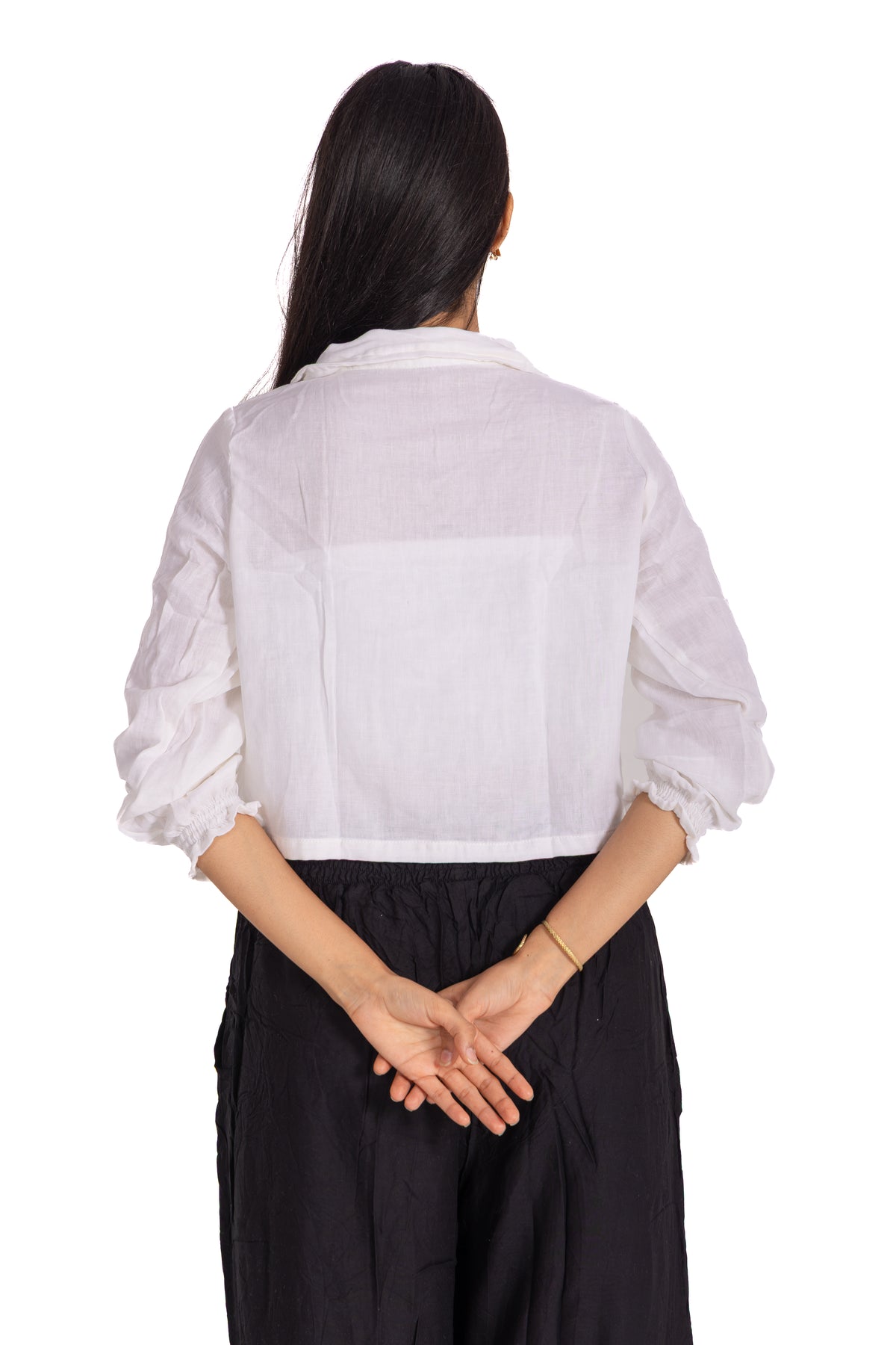White Collared Crop Shirt: Button-Front with Smocked Cuff Sleeves