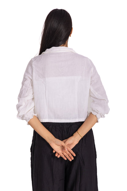 White Collared Crop Shirt: Button-Front with Smocked Cuff Sleeves