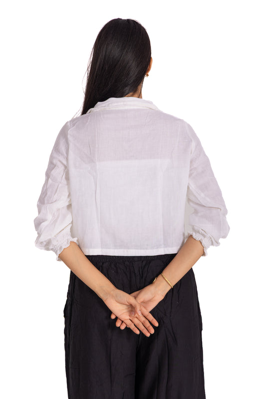 White Collared Crop Shirt: Button-Front with Smocked Cuff Sleeves