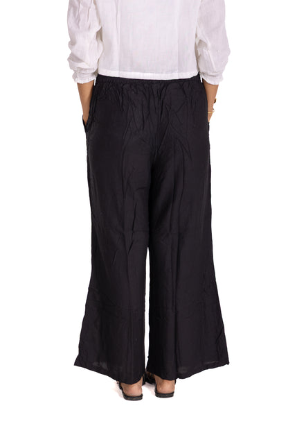 Black Smocked Waist Palazzo Pants: Wide-Leg with Tassel Drawstring