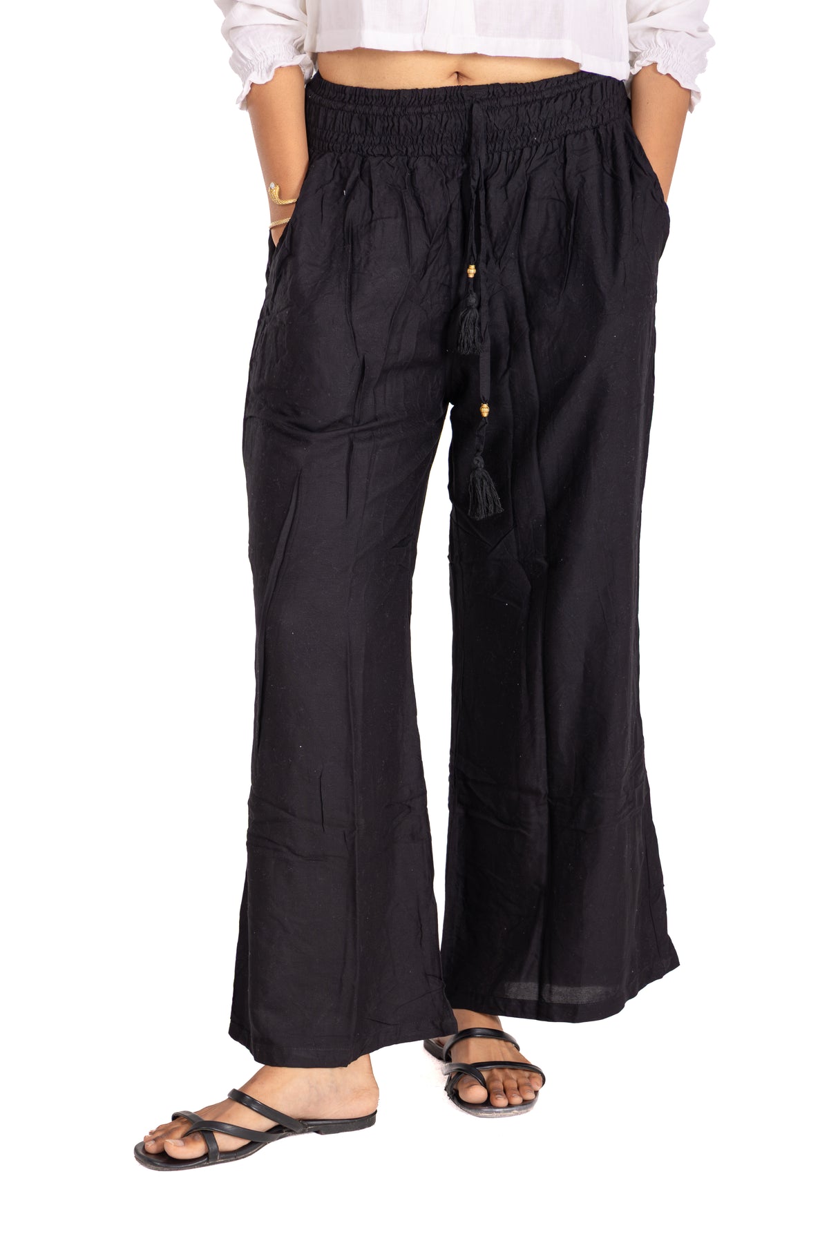Black Smocked Waist Palazzo Pants: Wide-Leg with Tassel Drawstring
