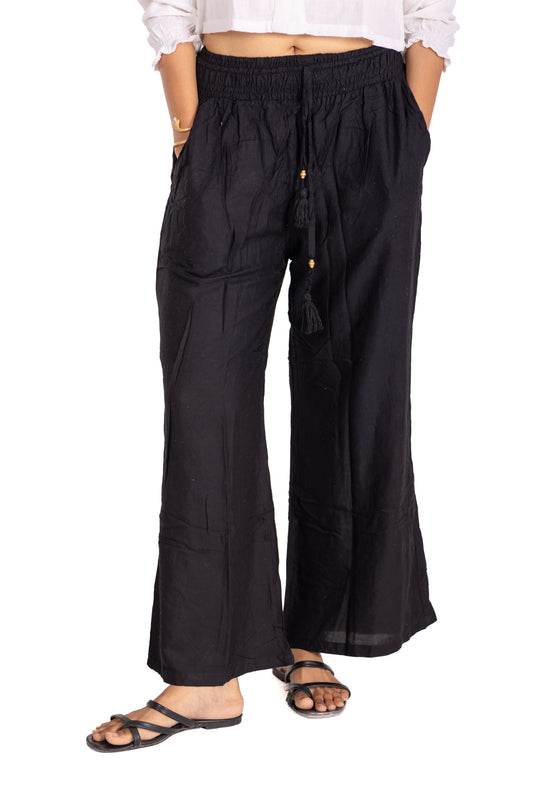 Black Smocked Waist Palazzo Pants: Wide-Leg with Tassel Drawstring