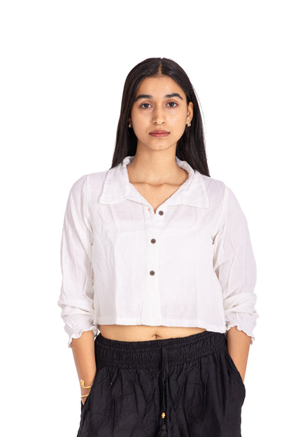 White Collared Crop Shirt: Button-Front with Smocked Cuff Sleeves