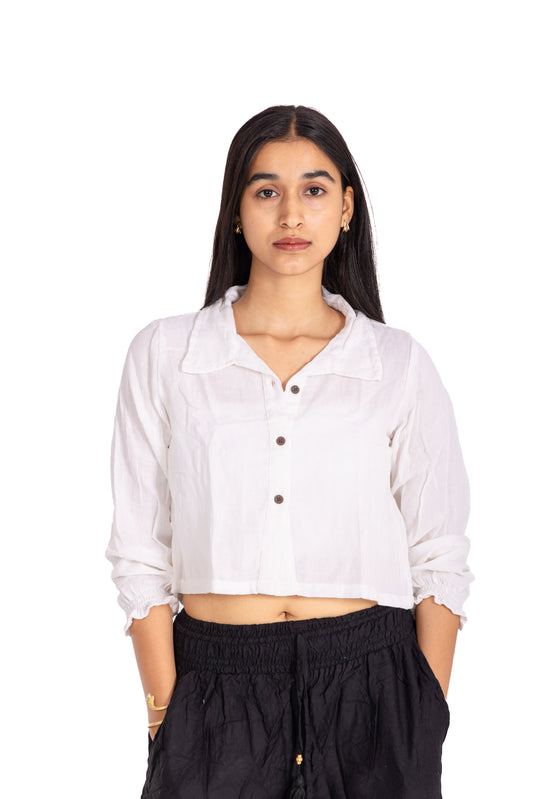 White Collared Crop Shirt: Button-Front with Smocked Cuff Sleeves
