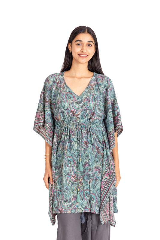 Teal Paisley Kaftan Top: V-Neck with Tassel Drawstring Waist