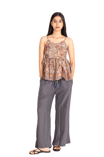Charcoal Grey Smocked Waist Palazzo Pants: Wide-Leg with Tassel Drawstring
