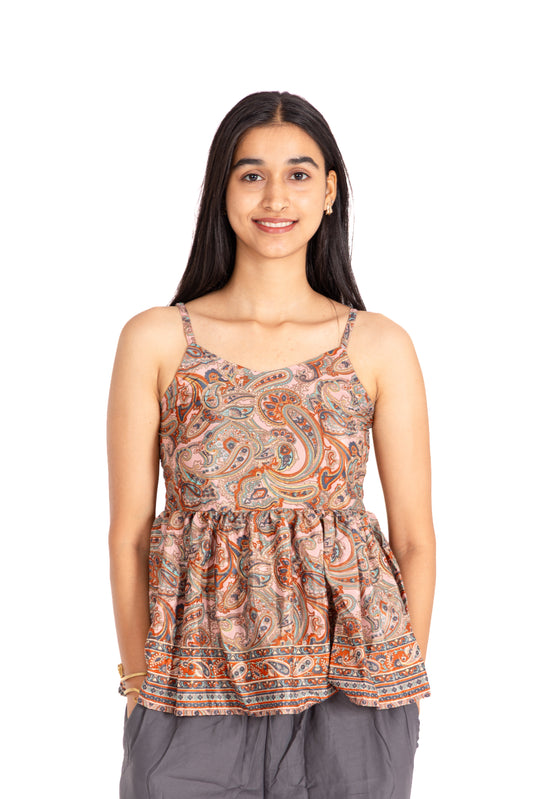 Rosewood Paisley Strappy Peplum Top: Sweetheart Neck with Border Hem