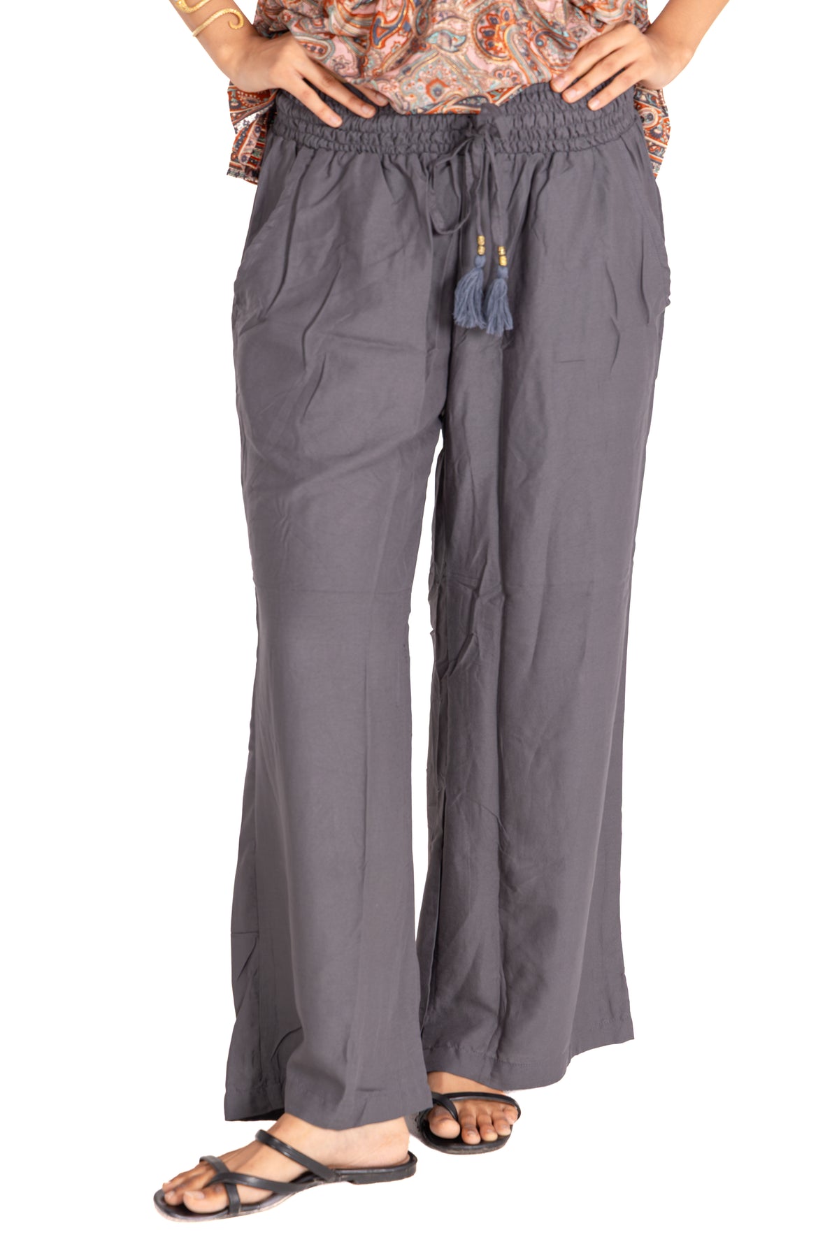 Charcoal Grey Smocked Waist Palazzo Pants: Wide-Leg with Tassel Drawstring