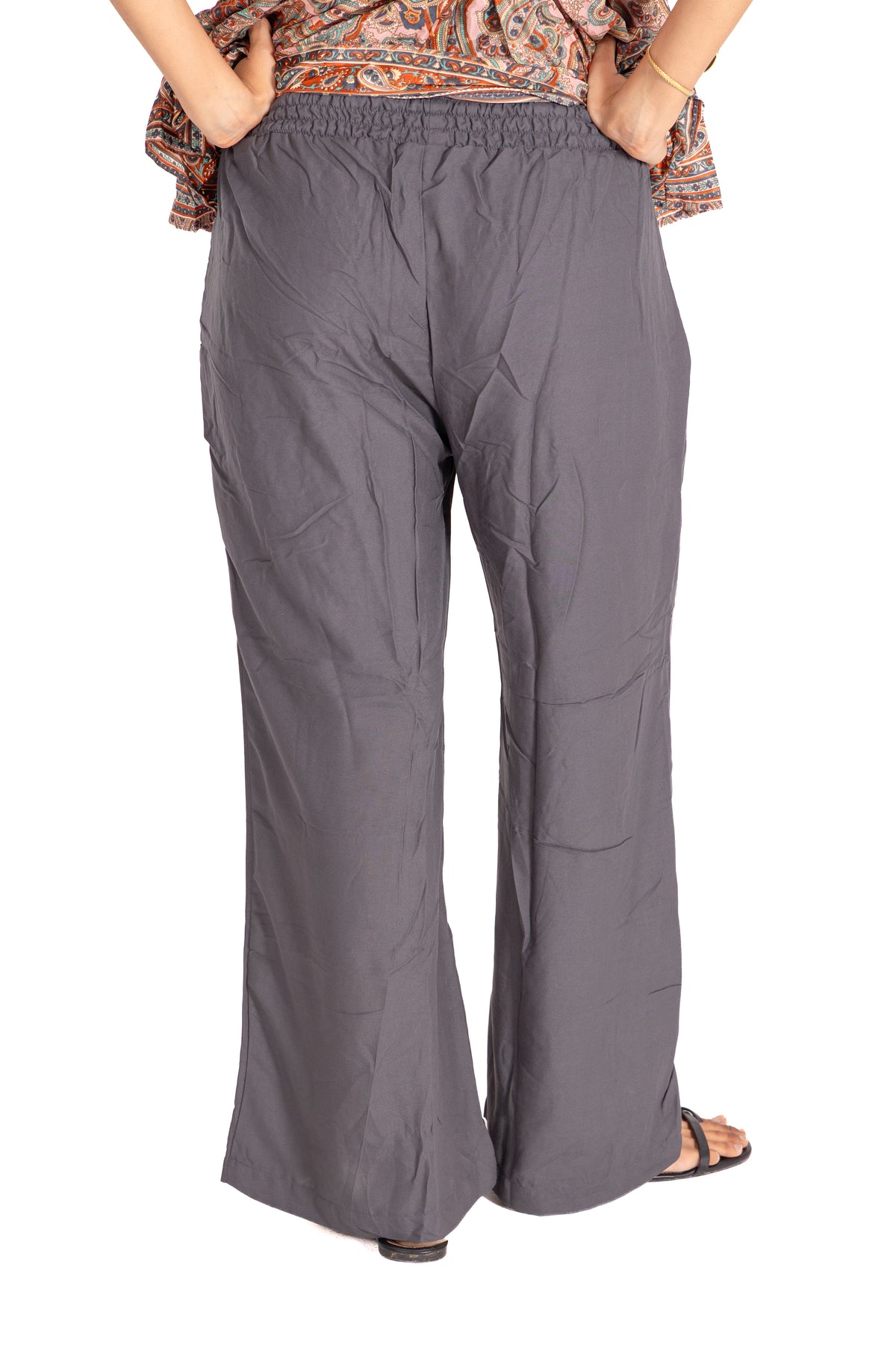 Charcoal Grey Smocked Waist Palazzo Pants: Wide-Leg with Tassel Drawstring