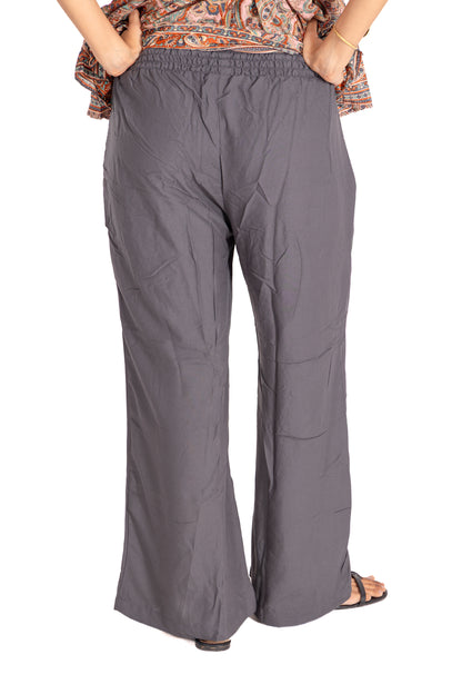 Charcoal Grey Smocked Waist Palazzo Pants: Wide-Leg with Tassel Drawstring
