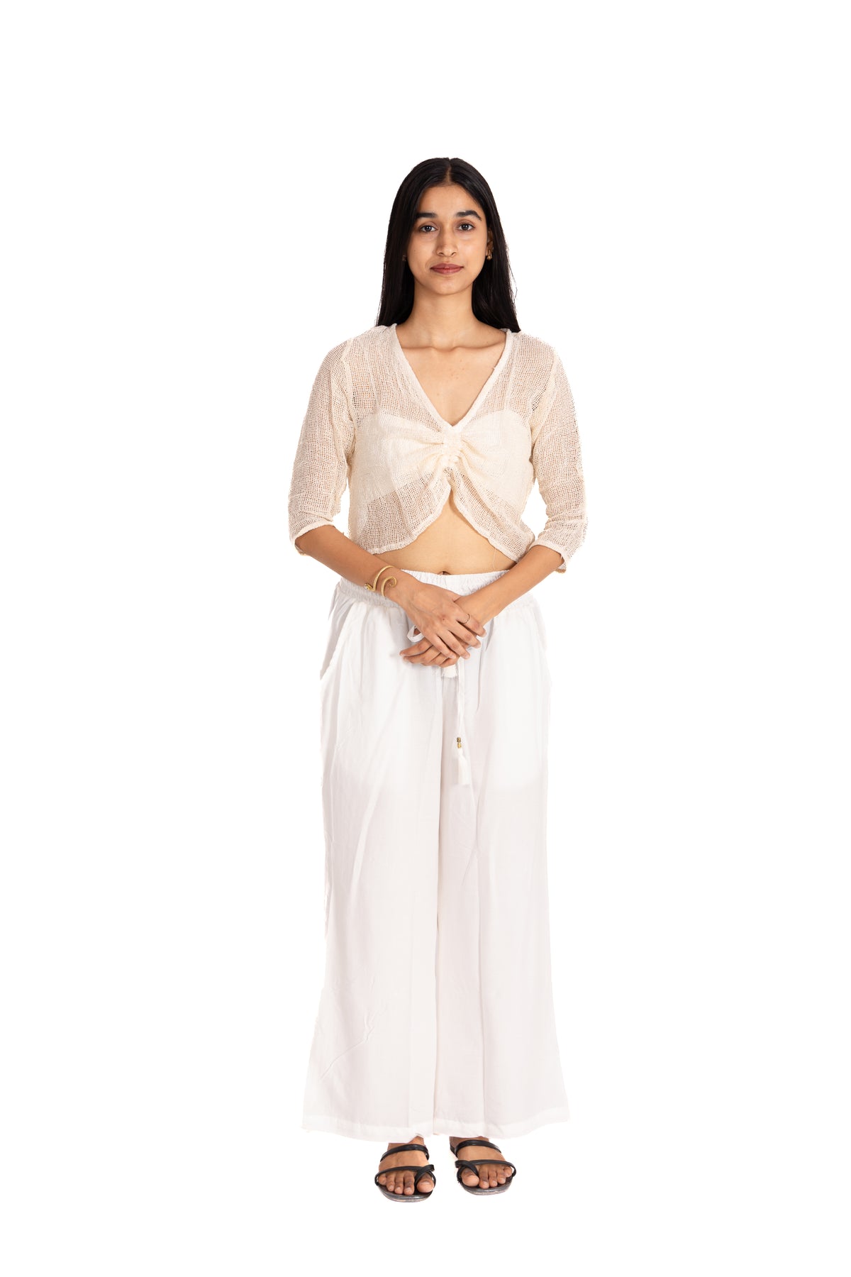 Cream Open-Weave Crop Top & White Palazzo Co-ord Set: Boho Two-Piece