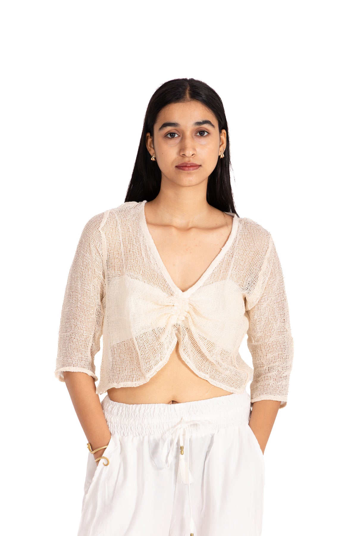 Cream Open-Weave Crop Top: V-Neck Ruched Front with Three-Quarter Sleeves