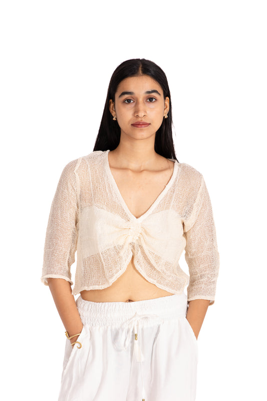 Cream Open-Weave Crop Top: V-Neck Ruched Front with Three-Quarter Sleeves