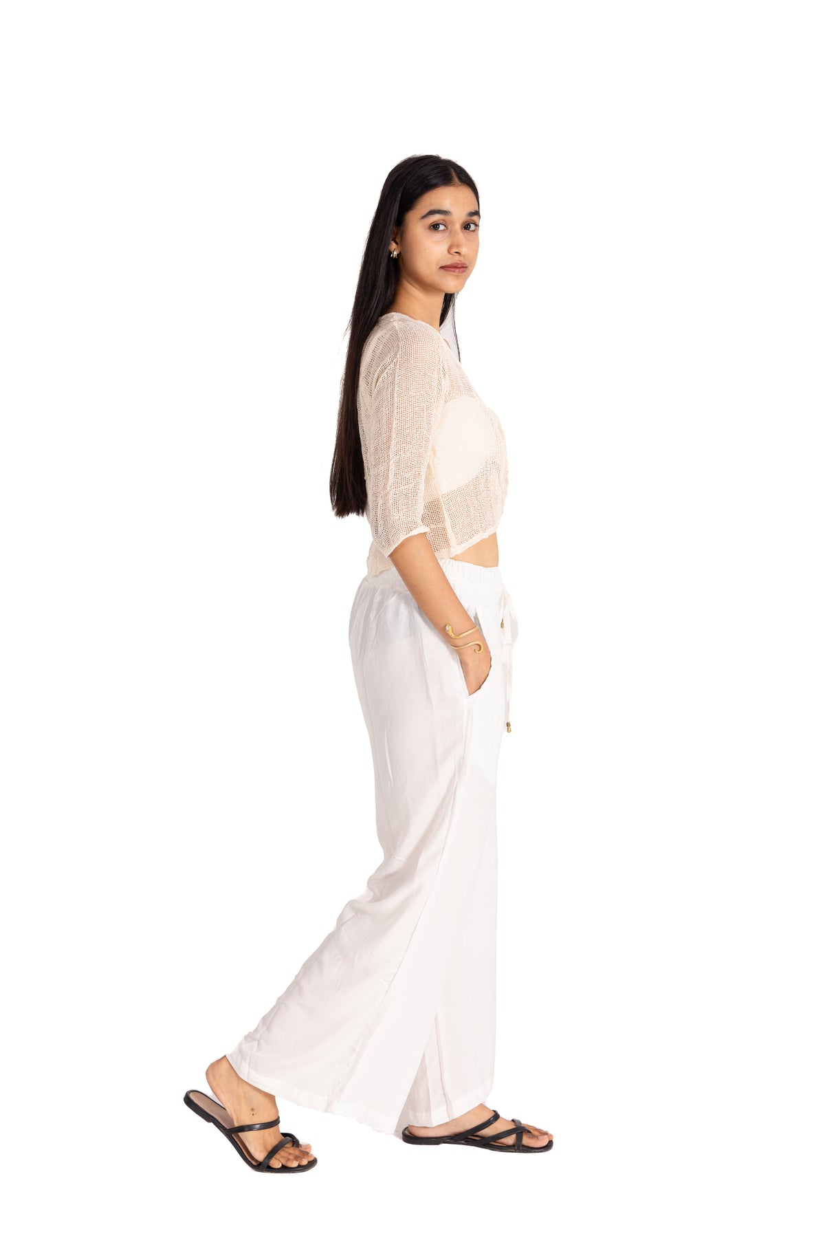 Cream Open-Weave Crop Top & White Palazzo Co-ord Set: Boho Two-Piece