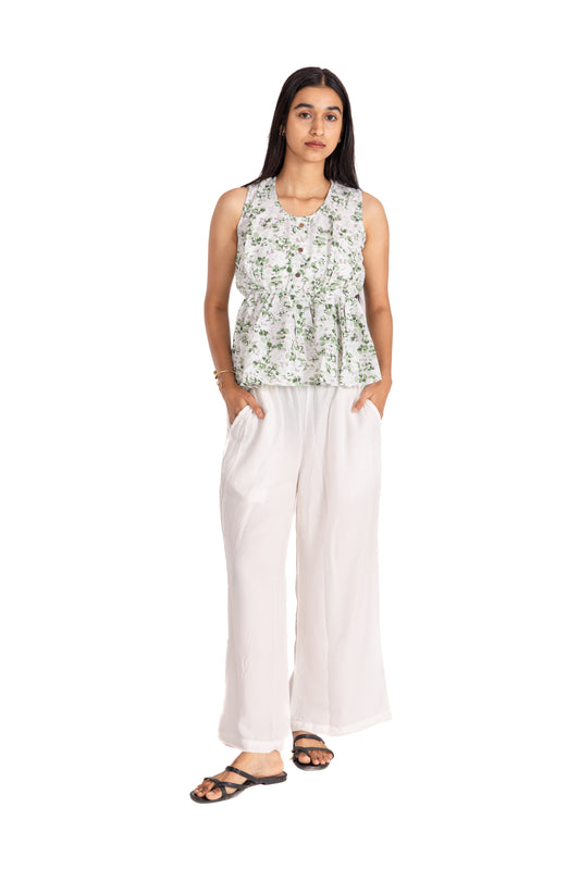 Sage Green Floral Peplum Top & White Palazzo Co-ord Set