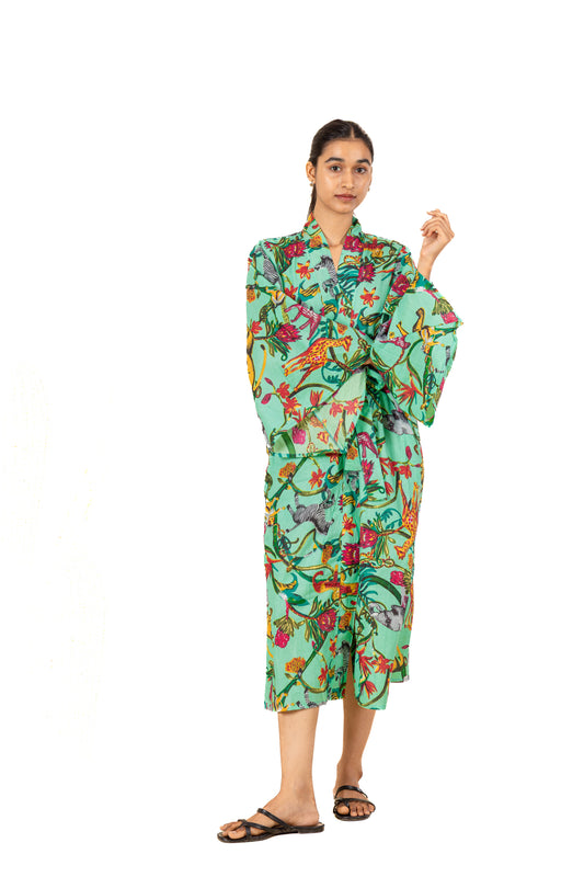 Mint Green Safari Print Kimono Wrap Dress: Belted Midi with Wide Sleeves