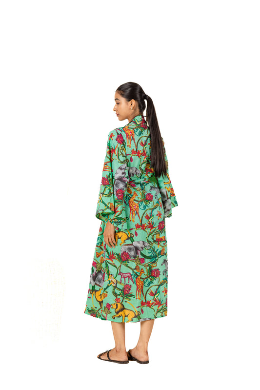 Mint Green Safari Print Kimono Wrap Dress: Belted Midi with Wide Sleeves