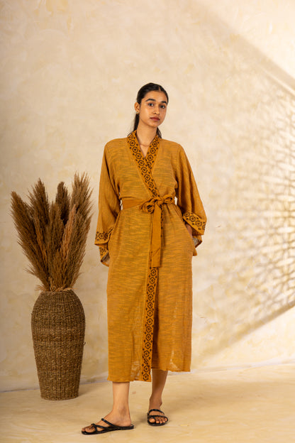 Mustard Textured Kimono Wrap Dress: Belted Midi with Geometric Border