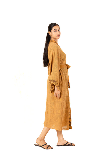 Mustard Textured Kimono Wrap Dress: Belted Midi with Geometric Border