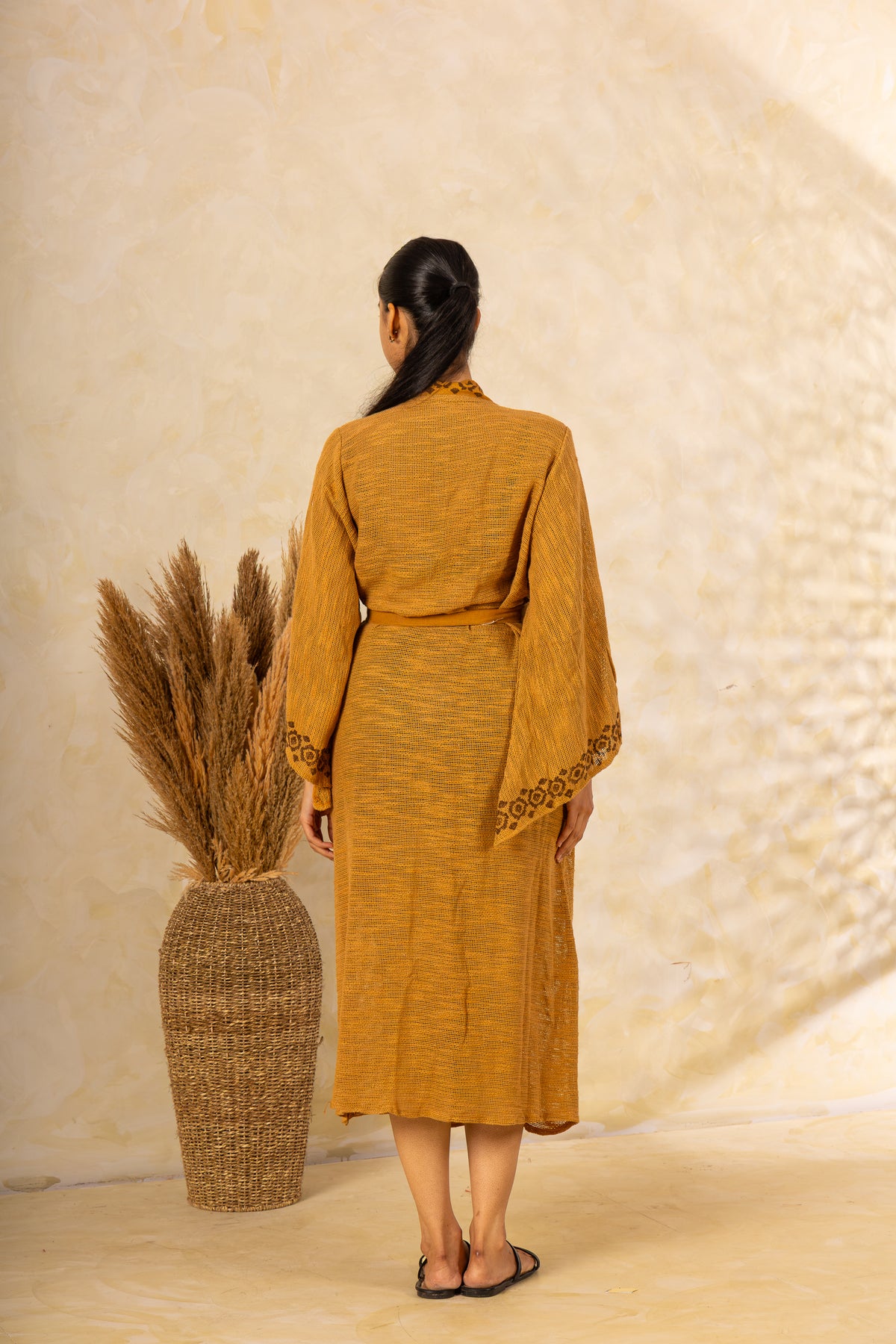 Mustard Textured Kimono Wrap Dress: Belted Midi with Geometric Border