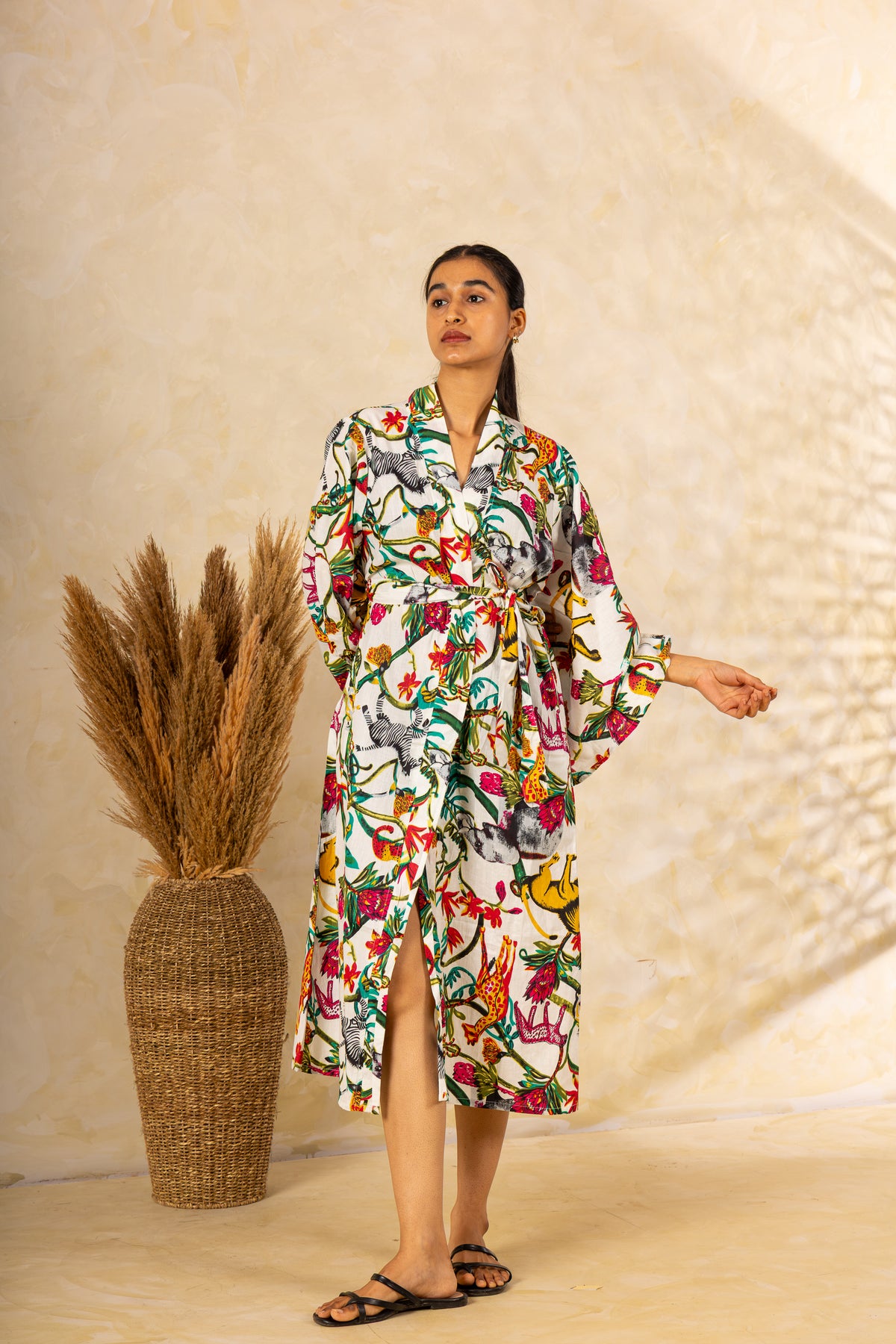 Safari Print Kimono Wrap Dress: Belted Midi with Wide Sleeves