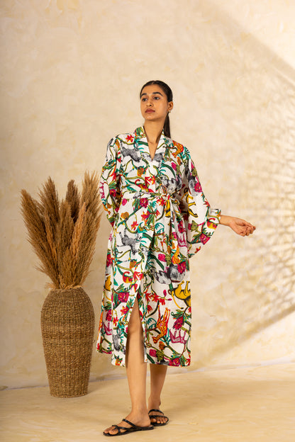 Safari Print Kimono Wrap Dress: Belted Midi with Wide Sleeves