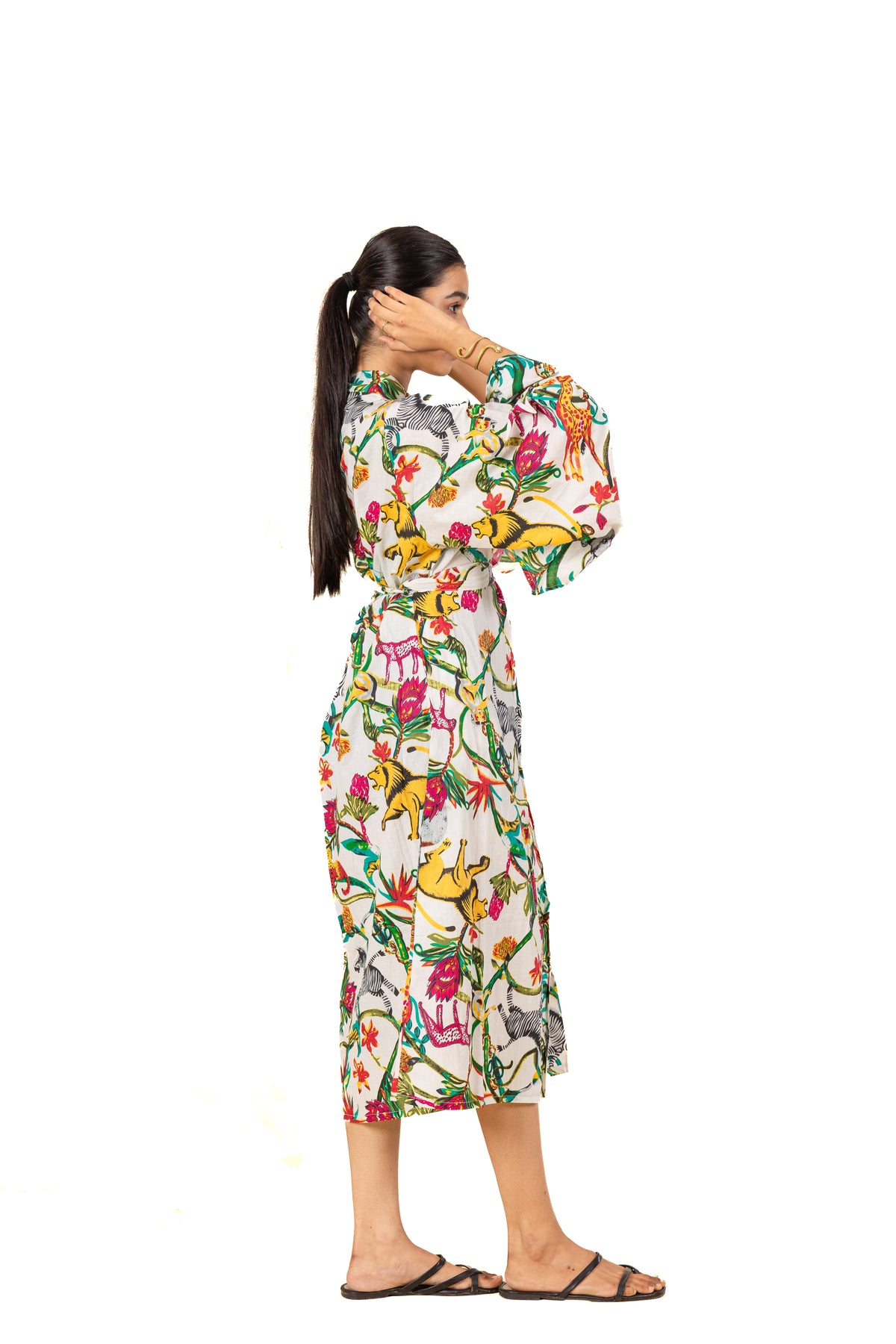 Safari Print Kimono Wrap Dress: Belted Midi with Wide Sleeves