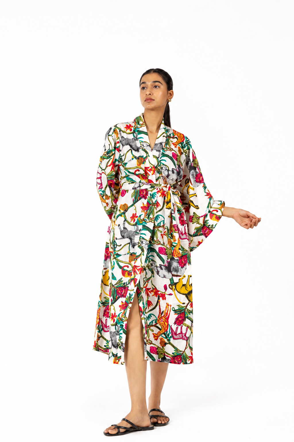Safari Print Kimono Wrap Dress: Belted Midi with Wide Sleeves
