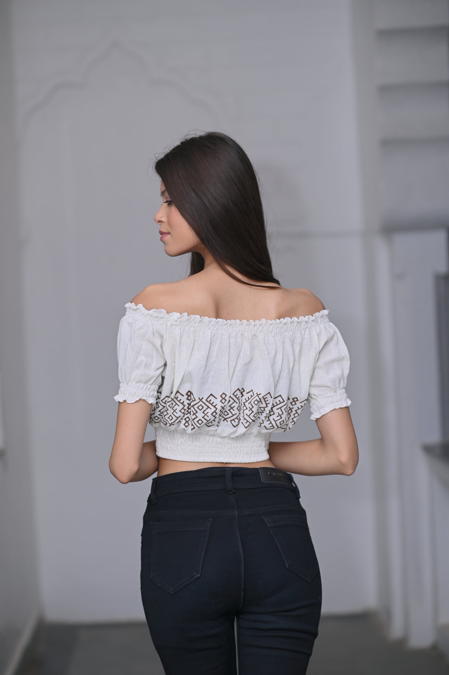 Ivory Boho Smocked Bardot Top