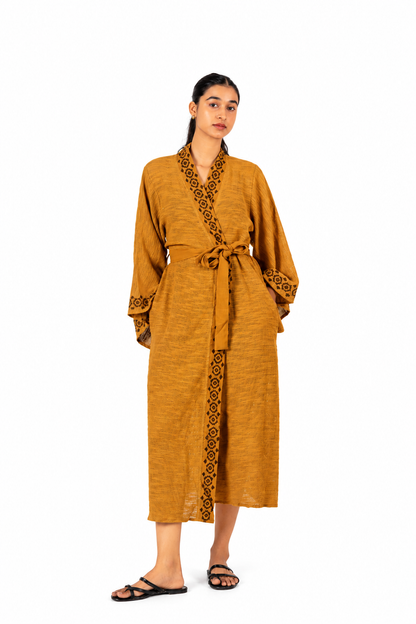 Mustard Textured Kimono Wrap Dress: Belted Midi with Geometric Border