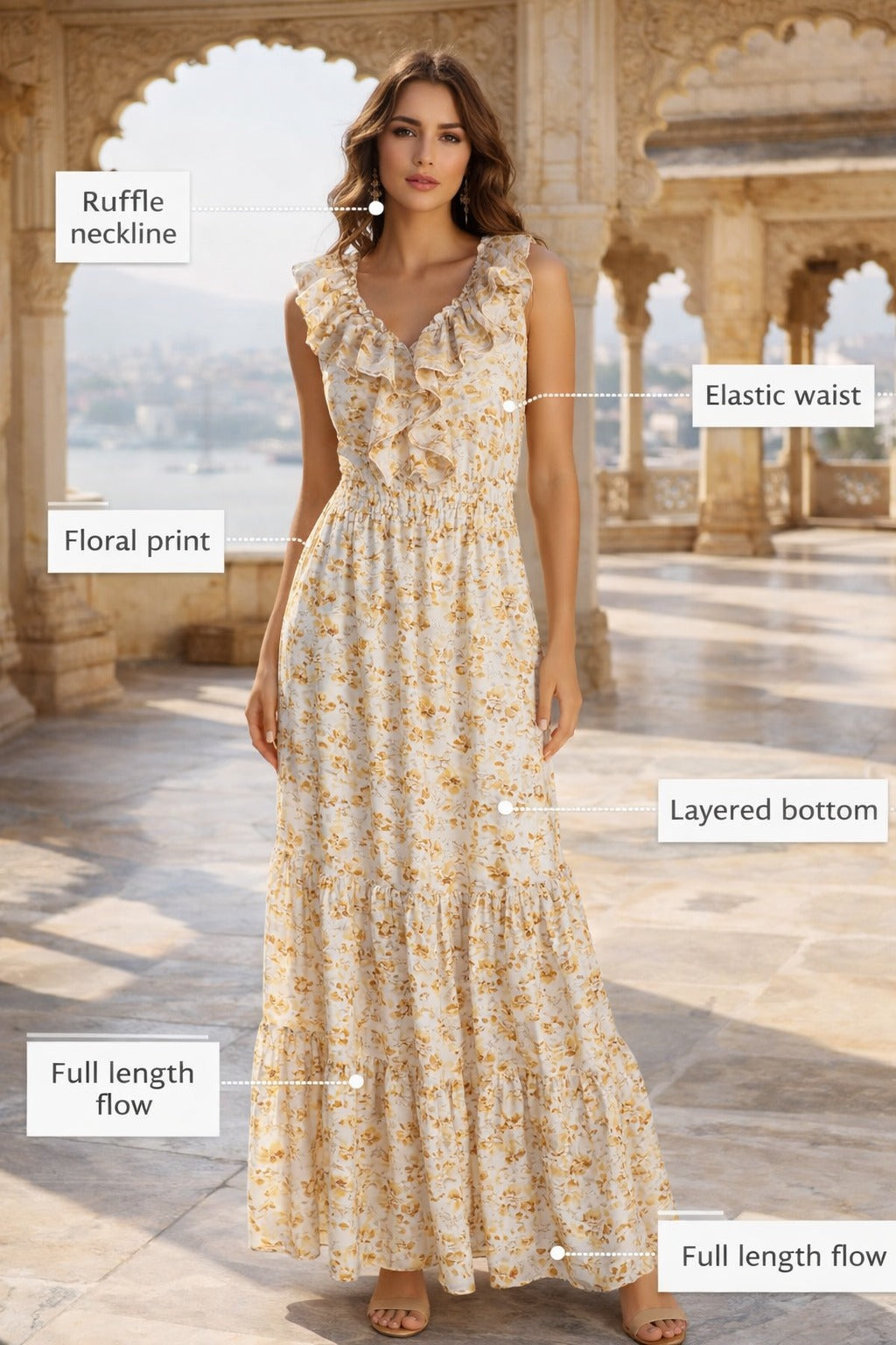 Golden Bloom Ruffle Maxi Dress