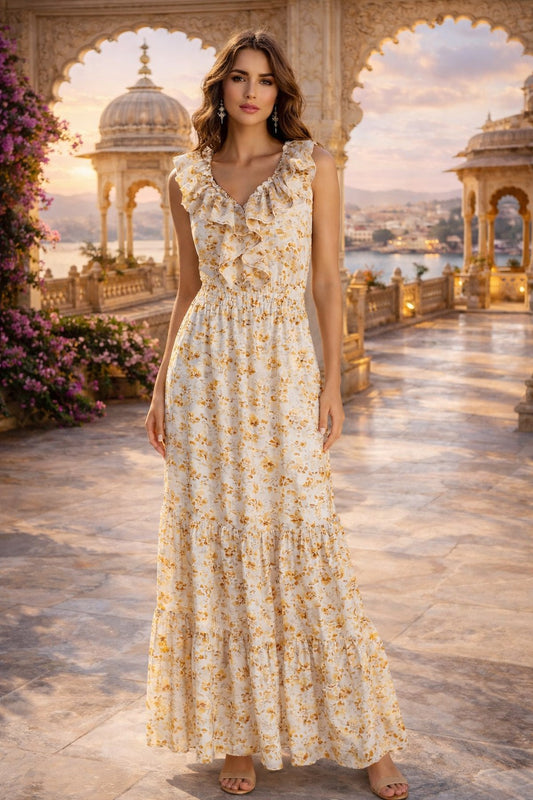 Golden Bloom Ruffle Maxi Dress