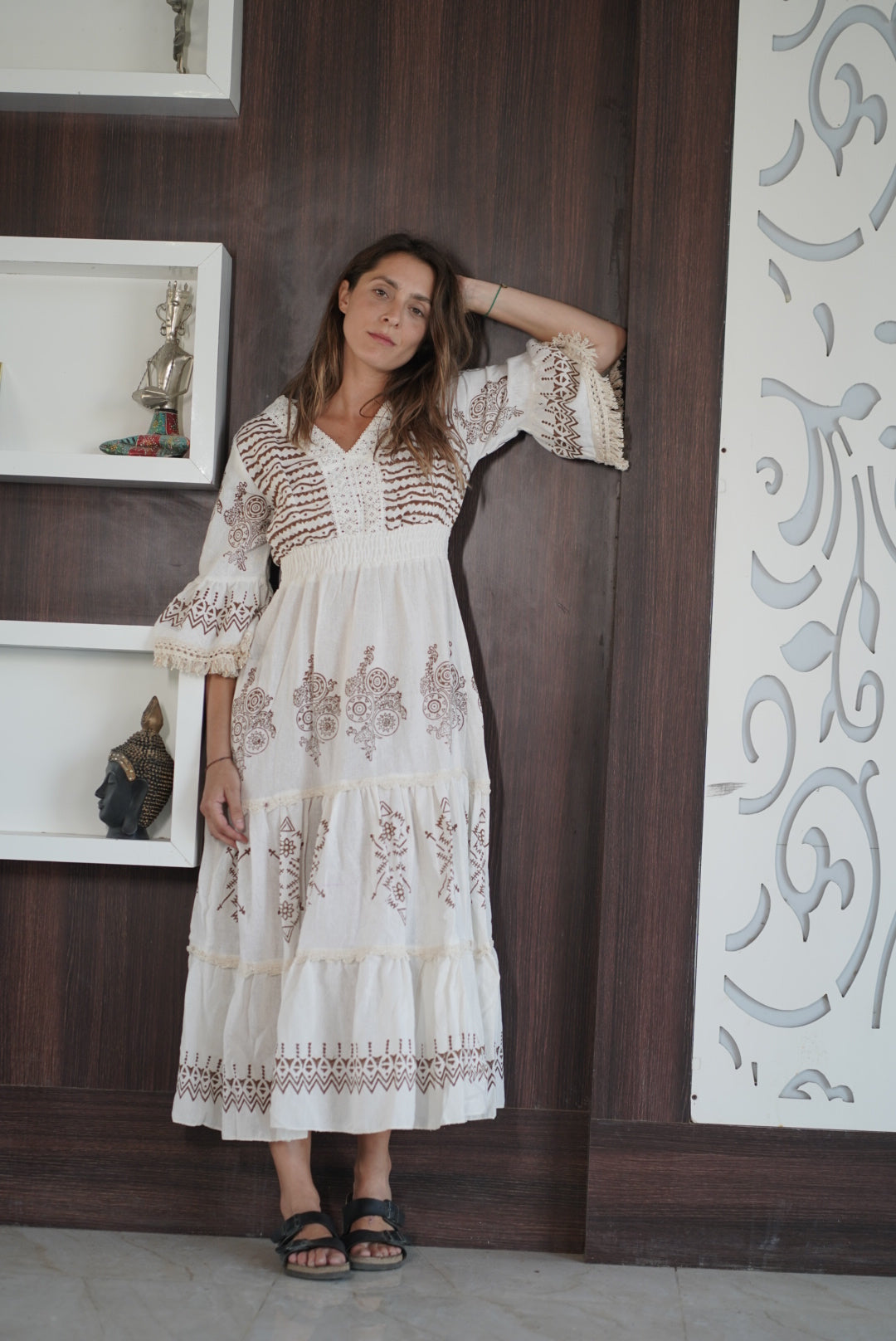 V NECK FRILL LONG BOHO DRESS