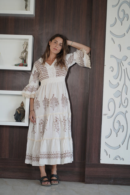 V NECK FRILL LONG BOHO DRESS