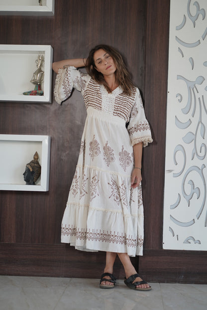 V NECK FRILL LONG BOHO DRESS