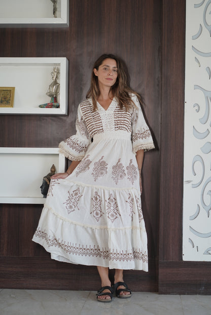 V NECK FRILL LONG BOHO DRESS